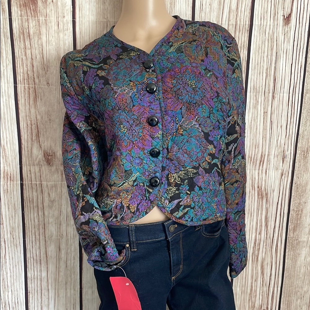 Tracy Evans Quilted Floral Purple and Blue Blazer with Black Buttons Artistic